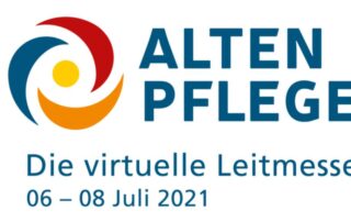 Logo "Altenpflege" mit Untertitel "Die virtuelle Leitmesse". Das Logo zeigt einen gelben Kreis umringt von drei verschiedenfarbigen Sicheln.