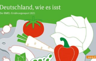 Titelseite des BMEL-Ernährungsreports 2021 mit dem Titel "Deutschland, wie es isst". Zusätzlich abgebildet sind Zeichnungen verschiedener Lebensmittel, wie Gemüse oder Fleisch.