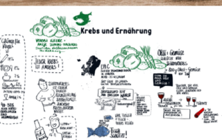 Zeichnerische Darstellung zum Zusammenhang zwischen Krebs und Ernährung. Abbildungen umfassen verstärkende und protektive Faktoren.