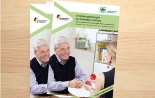 Titelseite der Informationsmaterialien zu "Ernährungstherapie bei Diabetes mellitus". Abgebildet ist eine Beratungssituation zwischen einem alten Mann und einer Frau.