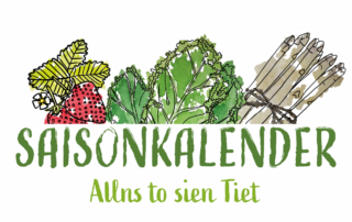 Logo des Saisonkalender für Niedersachsen mit dem Motto "Allns to sien Tiet". Oberhalb des Schriftzug sind Zeichnungen verschiedener Obst- und Gemüsesorten.