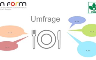 Grafik mit dem Titel "Umfrage", einen stilisierten Teller mit Besteck in der Mitte und mehreren farbigen Sprechblasen
