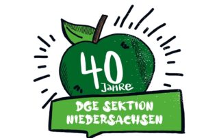 Logo zum 40 jährigen Bestehen der DGE Sektion Niedersachsen. Zeichnerische Darstellung eines grünen Apfels innerhalb dessen "40 Jahre" steht und darunter "DGE Sektion Niedersachsen" in einem Rechteck.