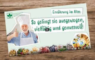 Vorschaubild eines Videos zum Thema Ernährung im Alter. Abgebildet ist ein älterer Herr mit Kochhaube und einem Text "so gelingt sie ausgewogen, vielfältig und genussvoll!